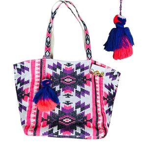Express Edit Boho Bag Travel Beach Tassel Large Tote Multicolor Ikat Design NEW